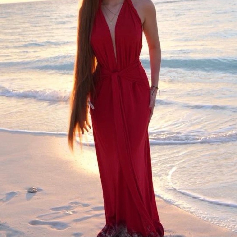 Naked wardrobe red maxi dress plungle halter